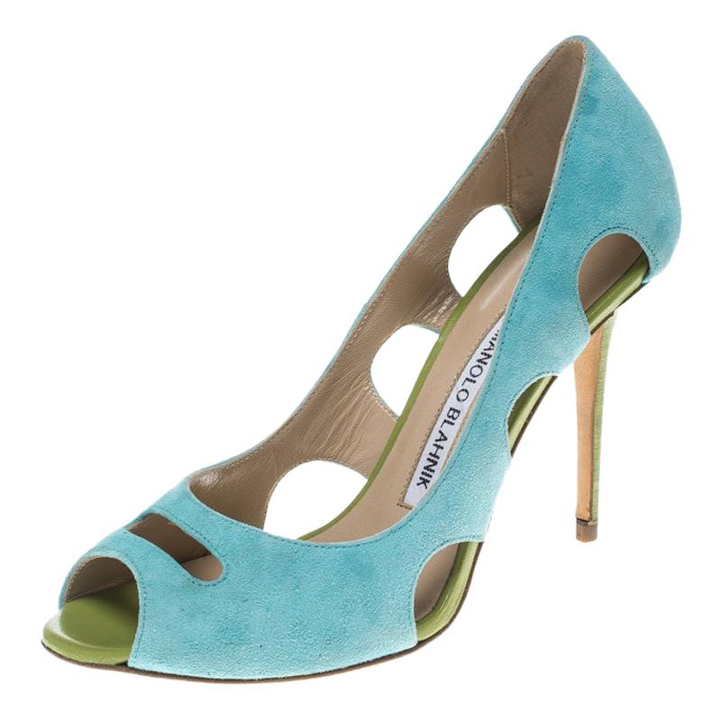 Manolo Blahnik Aqua Green Suede Cutout Peep Toe Pumps Size 35.5