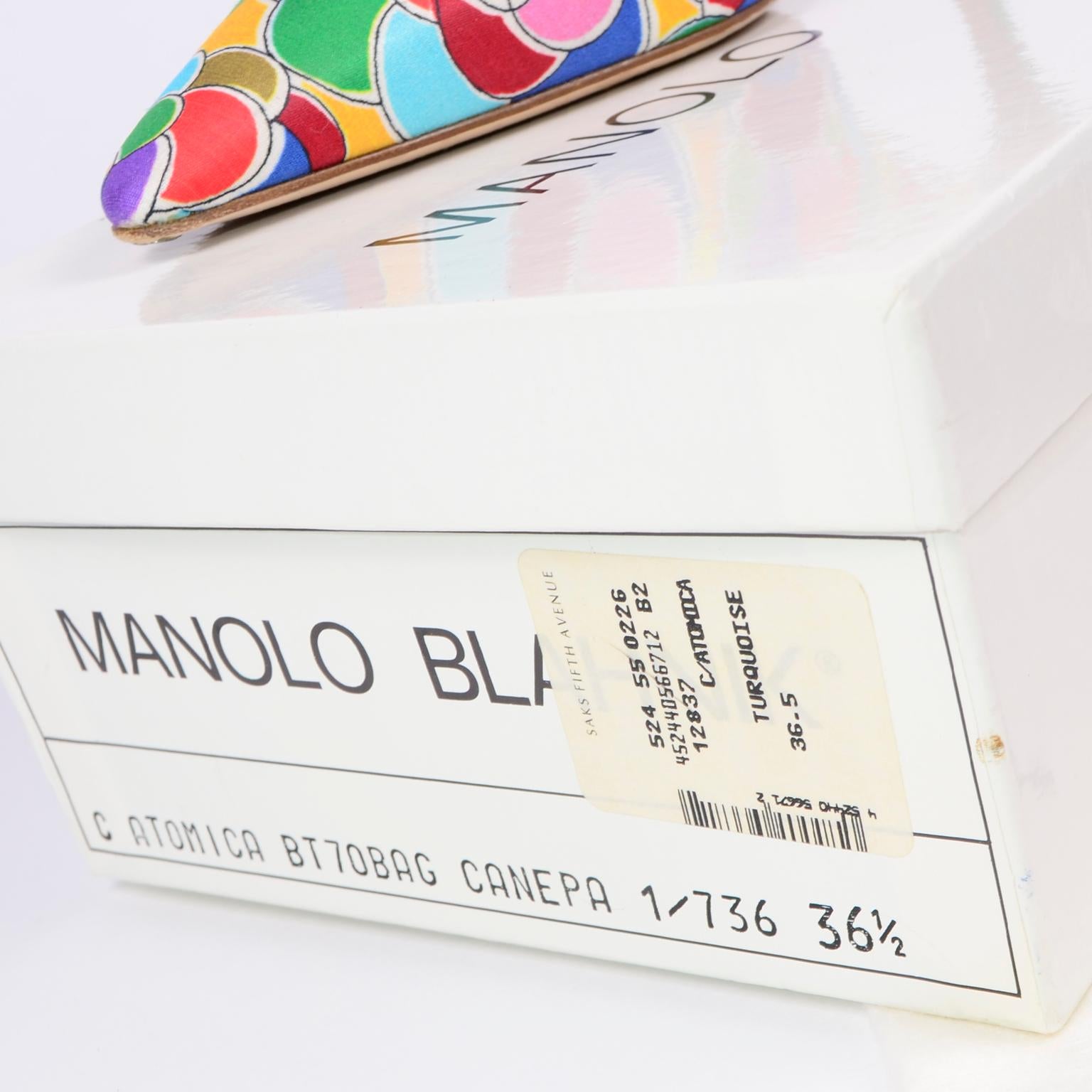 Manolo Blahnik Atomica Colorful Heeled Mules w/ Turquoise Buckle Size 36 1/2 For Sale 5