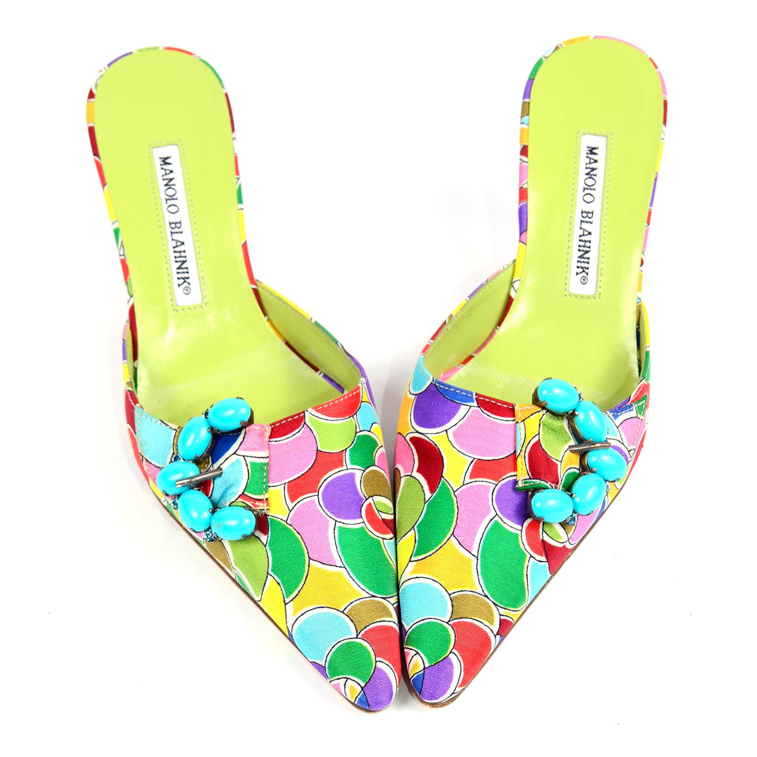 Women's Manolo Blahnik Atomica Colorful Heeled Mules w/ Turquoise Buckle Size 36 1/2 For Sale