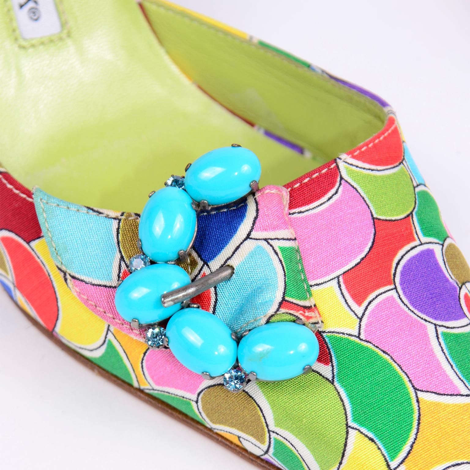 Manolo Blahnik Atomica Colorful Heeled Mules w/ Turquoise Buckle Size 36 1/2 For Sale 1