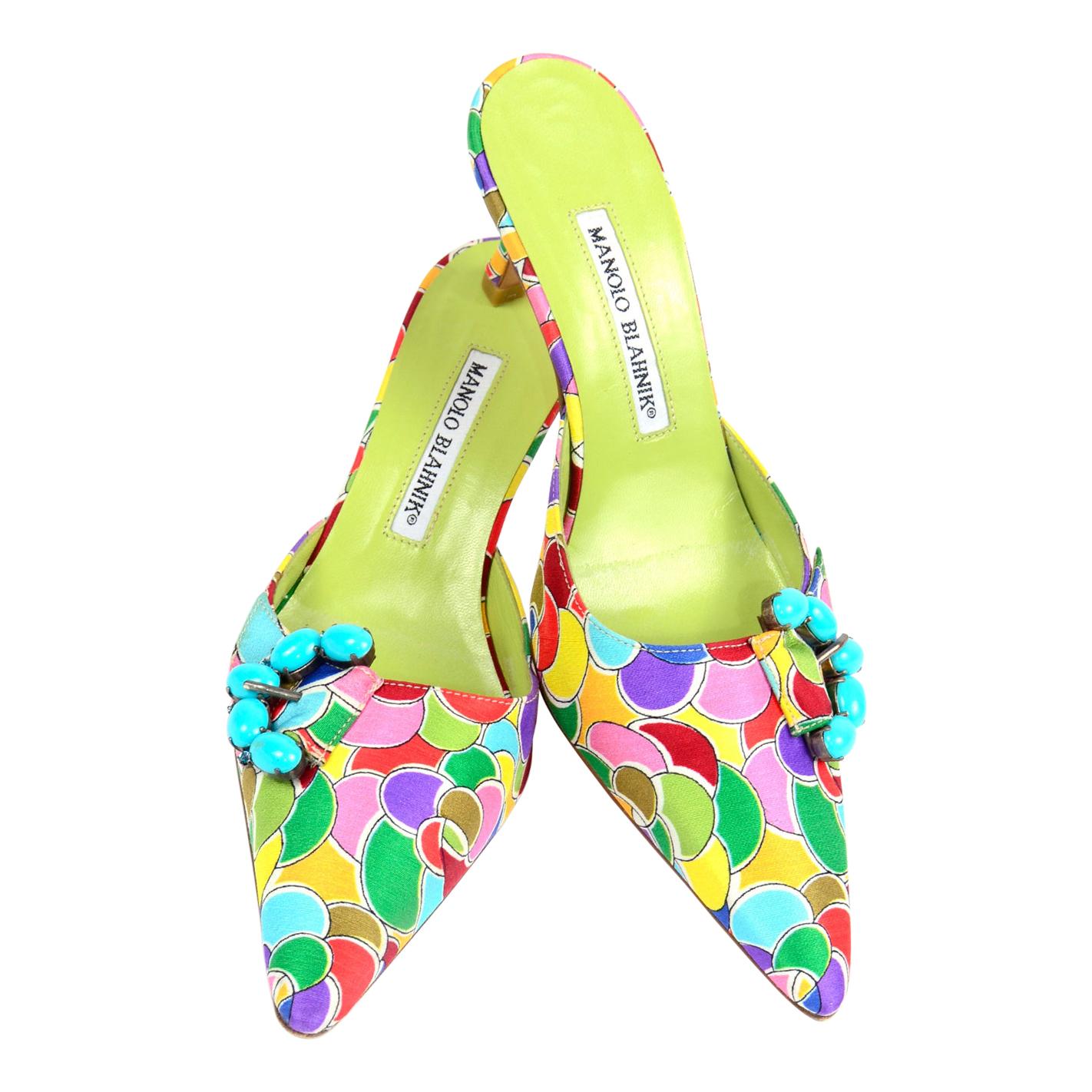 Manolo Blahnik Atomica Colorful Heeled Mules w/ Turquoise Buckle Size 36  1/2 For Sale at 1stDibs | colorful mules shoes