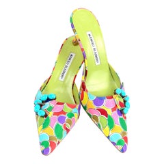 Vintage Manolo Blahnik Atomica Colorful Heeled Mules w/ Turquoise Buckle Size 36 1/2