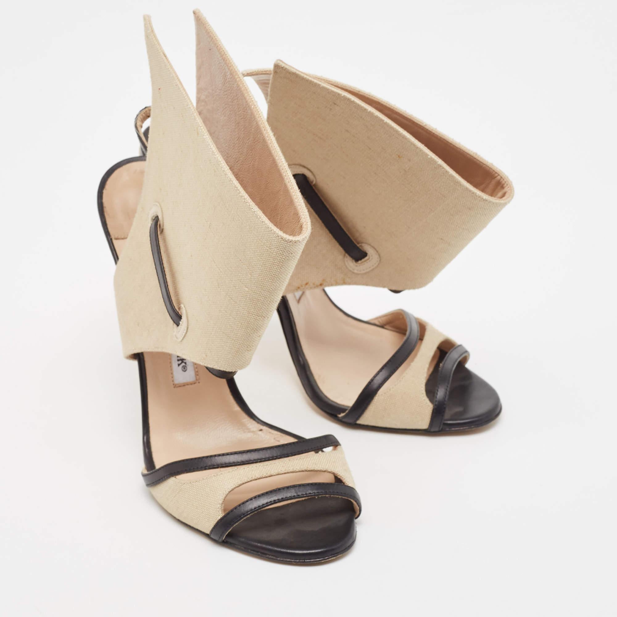 Women's Manolo Blahnik Beige/Black Canvas and Leather Ankle Strap Sandals Size 37.5
