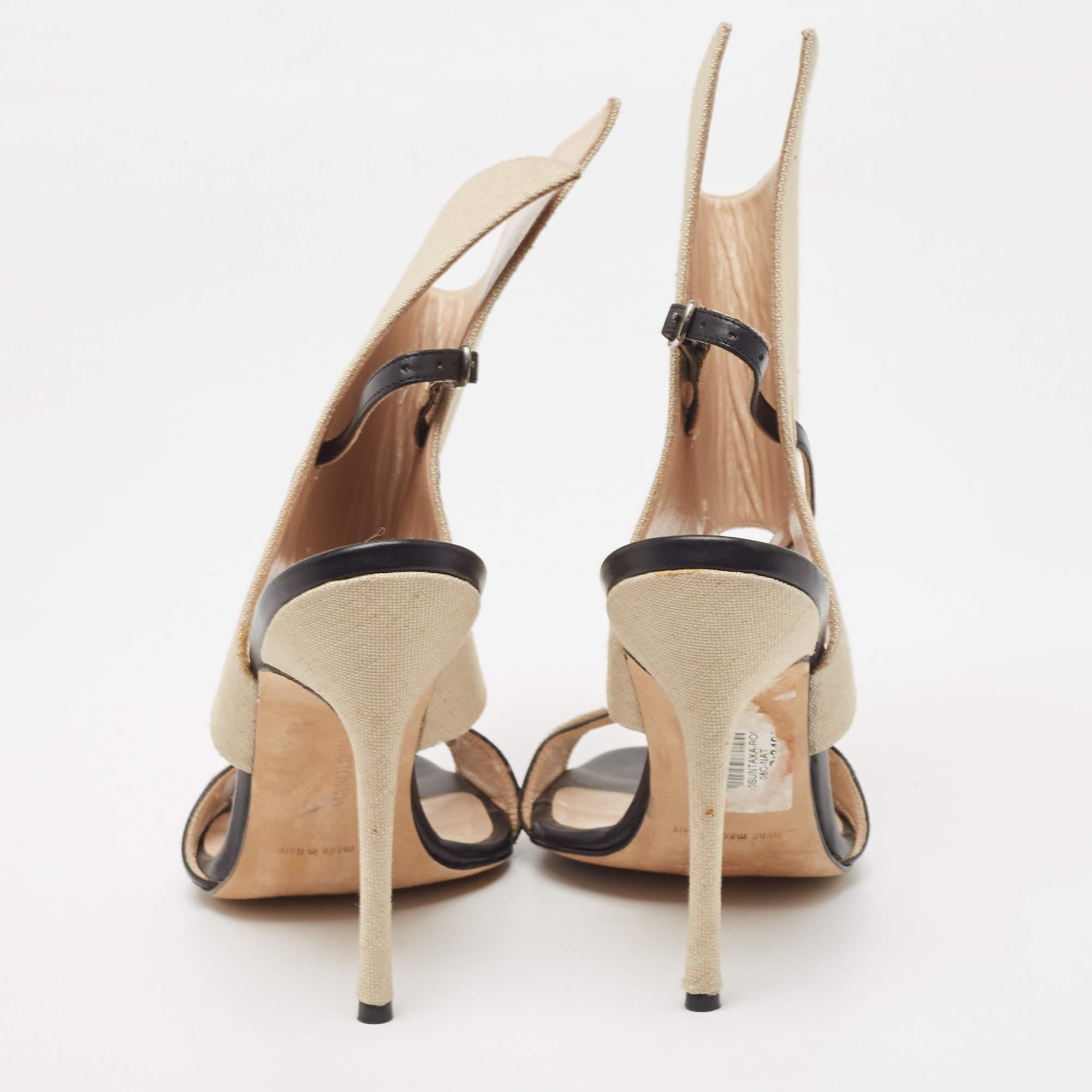 Manolo Blahnik Beige/Black Canvas and Leather Ankle Strap Sandals Size 37.5 1
