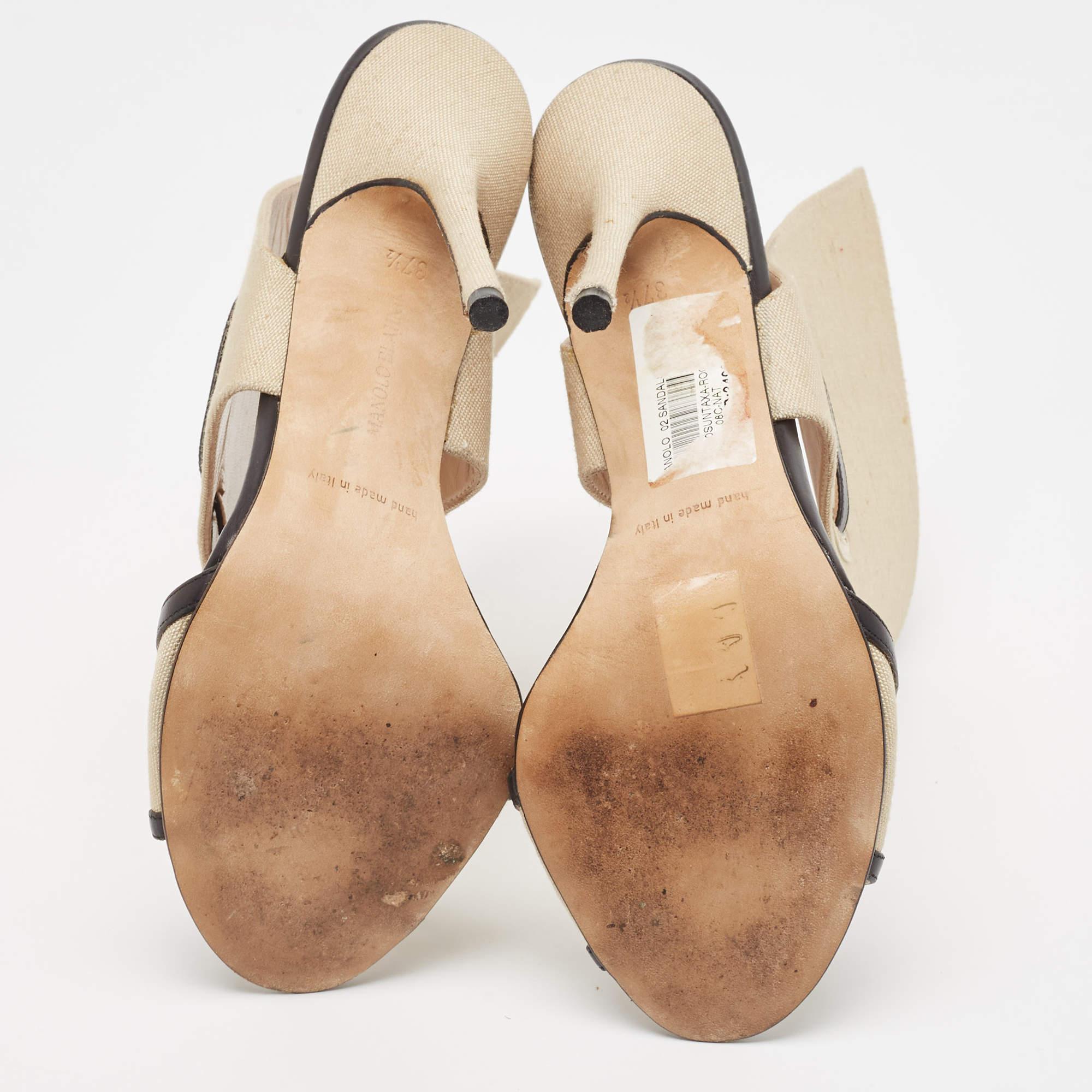 Manolo Blahnik Beige/Black Canvas and Leather Ankle Strap Sandals Size 37.5 2