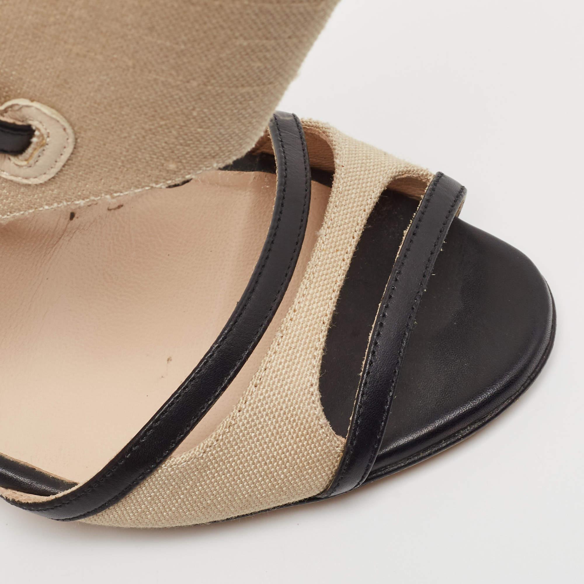 Manolo Blahnik Beige/Black Canvas and Leather Ankle Strap Sandals Size 37.5 3