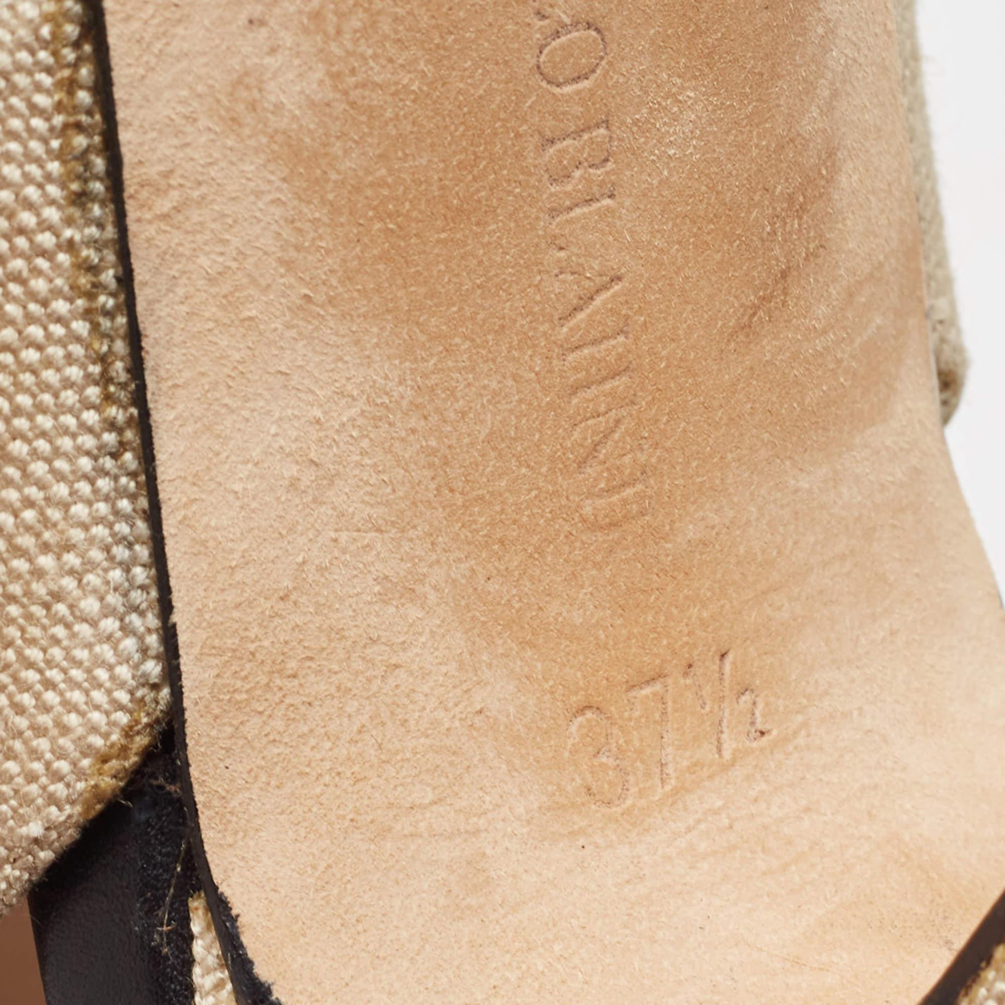Manolo Blahnik Beige/Black Canvas and Leather Ankle Strap Sandals Size 37.5 4