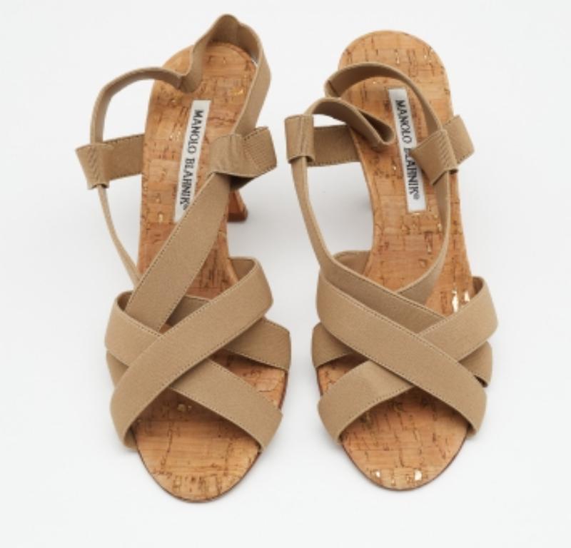 Women's Manolo Blahnik Beige Grosgrain Slingback Sandals Size 37.5 For Sale