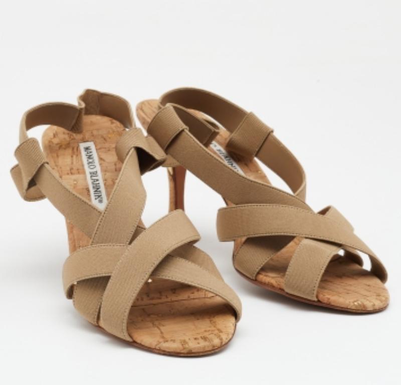 Manolo Blahnik Beige Grosgrain Slingback Sandals Size 37.5 For Sale 1