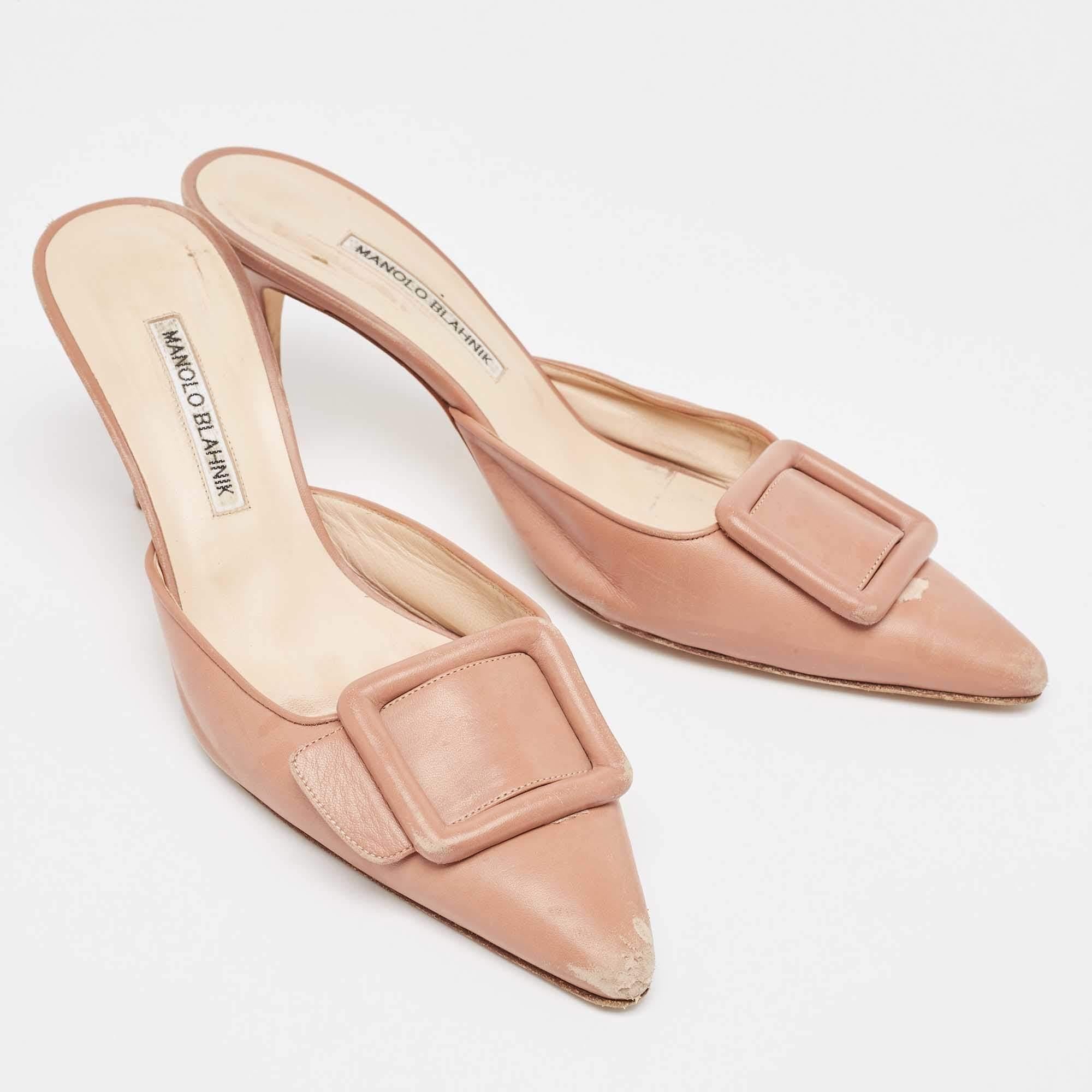 Women's Manolo Blahnik Beige Leather Maysale Pointed Toe Mules Size 41