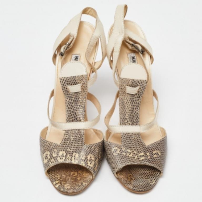 Manolo Blahnik - Sandales à lanières en cuir de lézard beige Taille 40 en vente 2