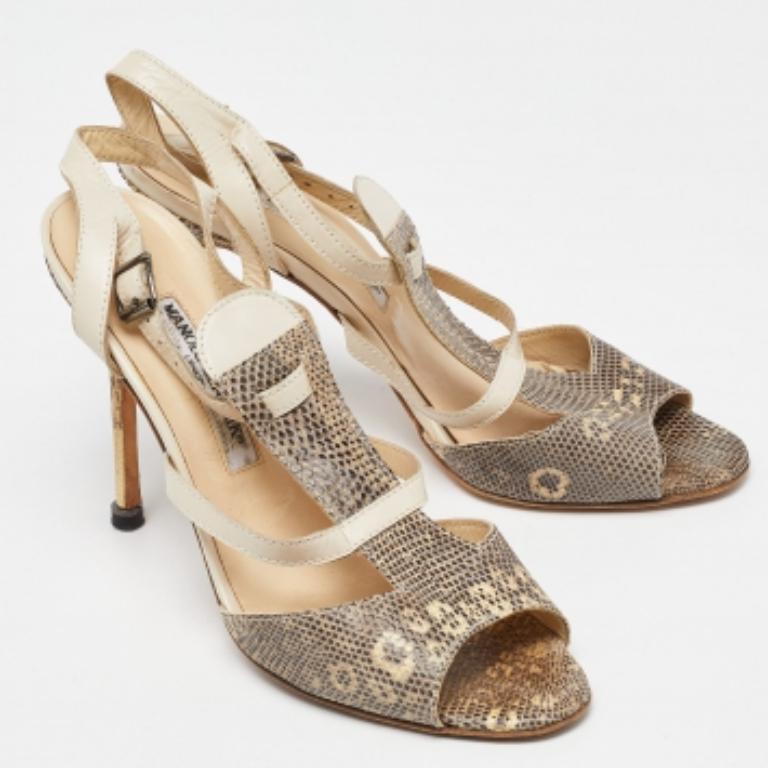 Manolo Blahnik - Sandales à lanières en cuir de lézard beige Taille 40 en vente 3