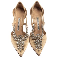 Manolo Blahnik Beige Satin Lala Crystal-Embellished Pumps Size 36