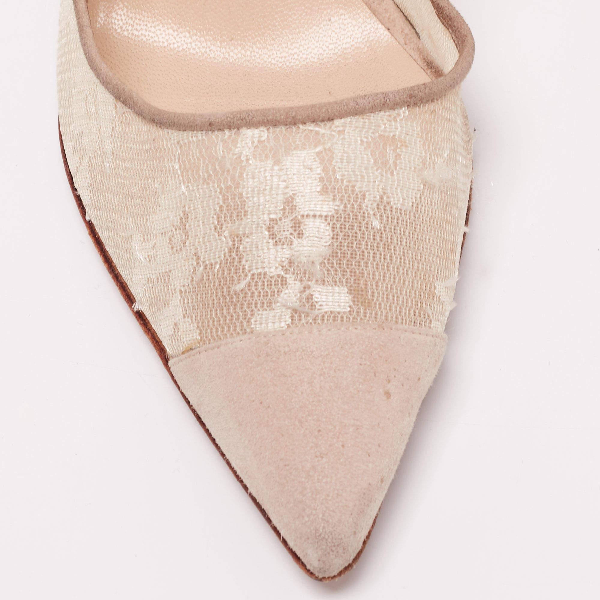 Manolo Blahnik Beige Suede and Lace Pointed-Toe Pumps Size 40 3