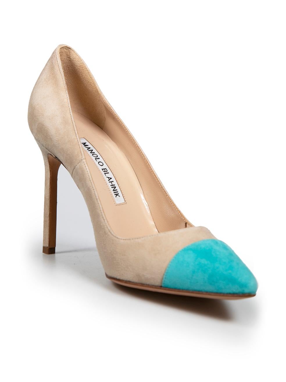 CONDITION is Never worn. No visible wear to pumps is evident on this new Manolo Blahnik designer resale item.
 
 
 
 Details
 
 
 Beige
 
 Suede
 
 Slip on pumps
 
 Contrast turquoise cap toe
 
 Pointed toe
 
 High heel
 
 
 
 
 
 Made in Italy
 
 
