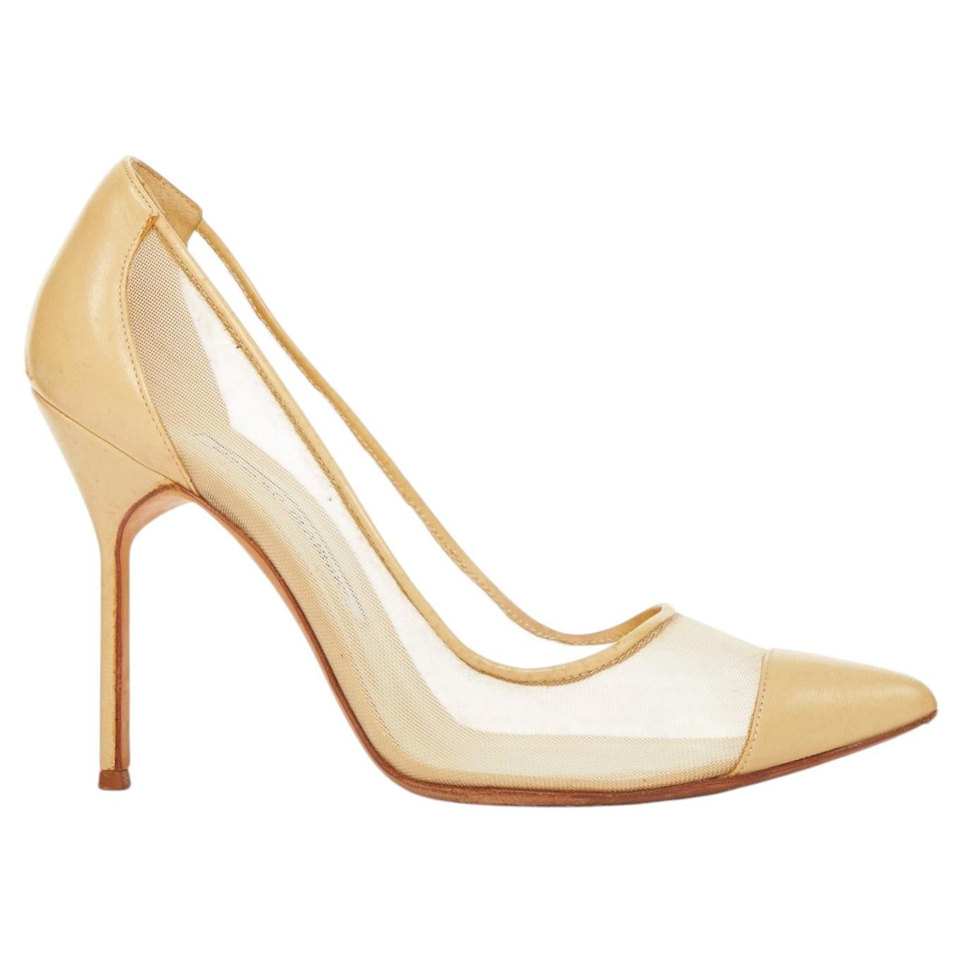 MANOLO BLAHNIK Belta sheer mesh nude beige leather cap toe stiletto pumps EU37.5
