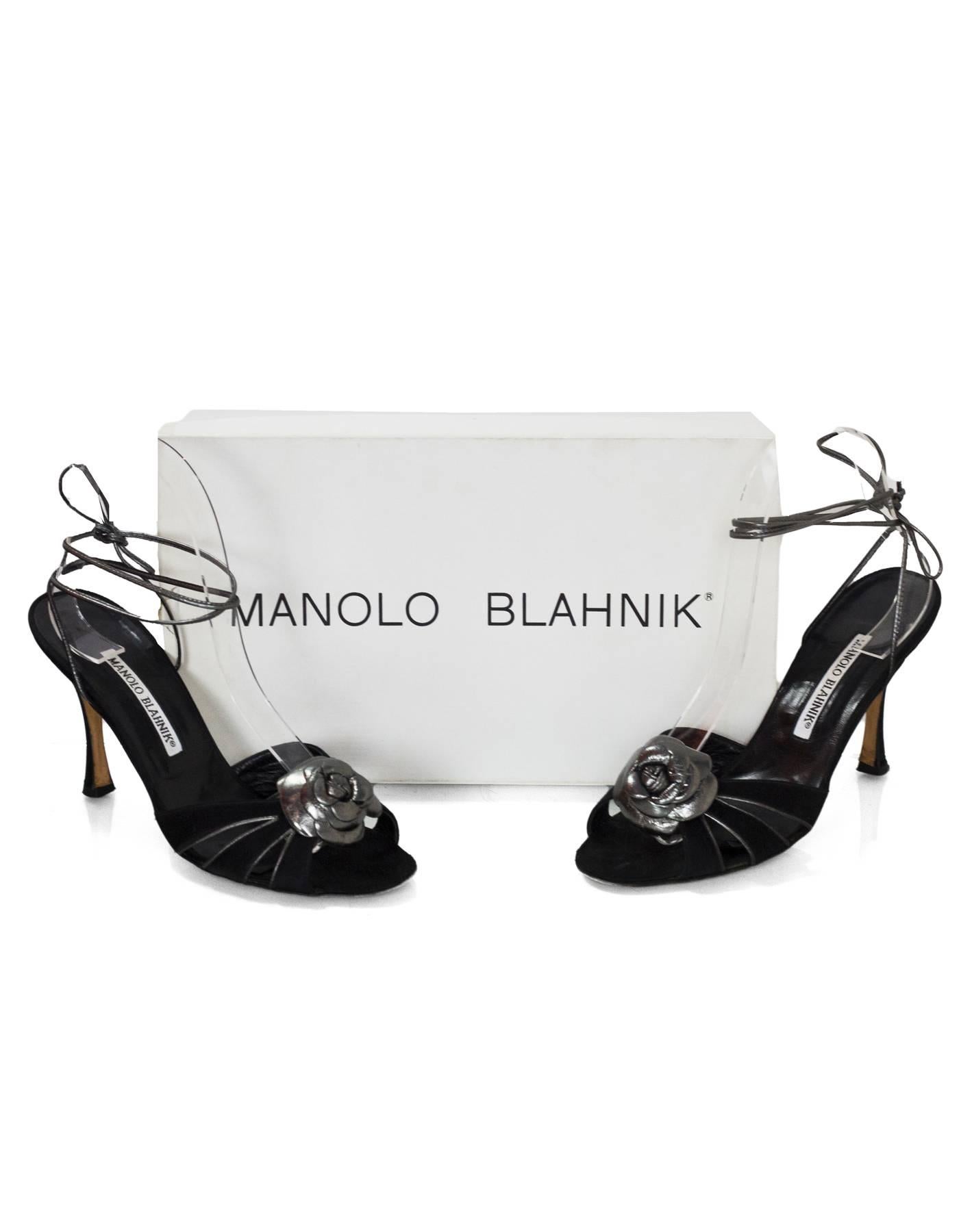 Manolo Blahnik Black & Graphite Flower Sandals Sz 36.5 with Box 2