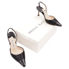 Manolo Blahnik Black Basket Weave Leather Carolyne Slingback Pointed Toe Shoes