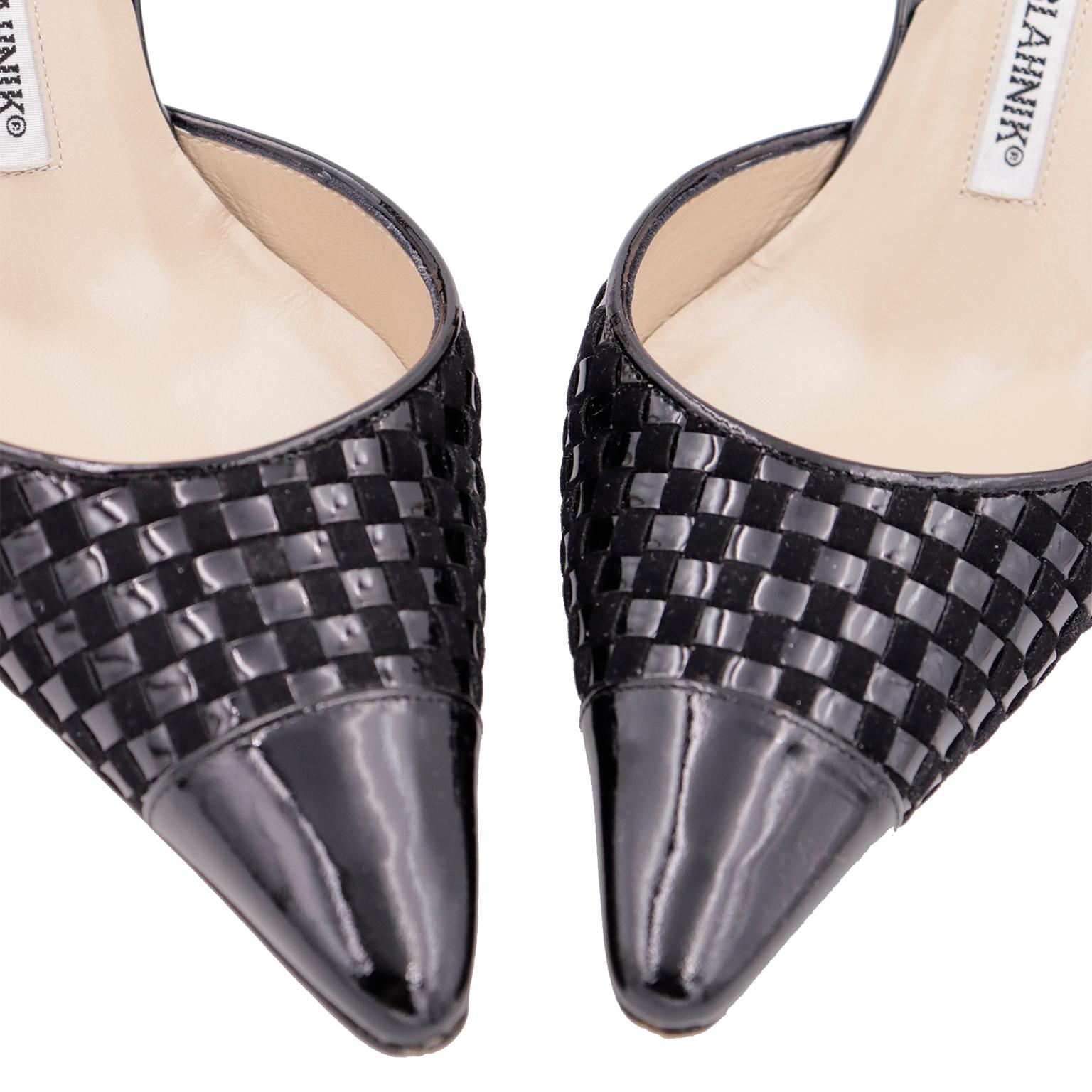 Manolo Blahnik Black Basket Weave Leather Carolyne Slingback Pointed Toe Shoes  For Sale 1