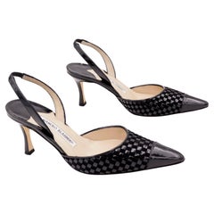 Vintage Manolo Blahnik Black Basket Weave Leather Carolyne Slingback Pointed Toe Shoes 