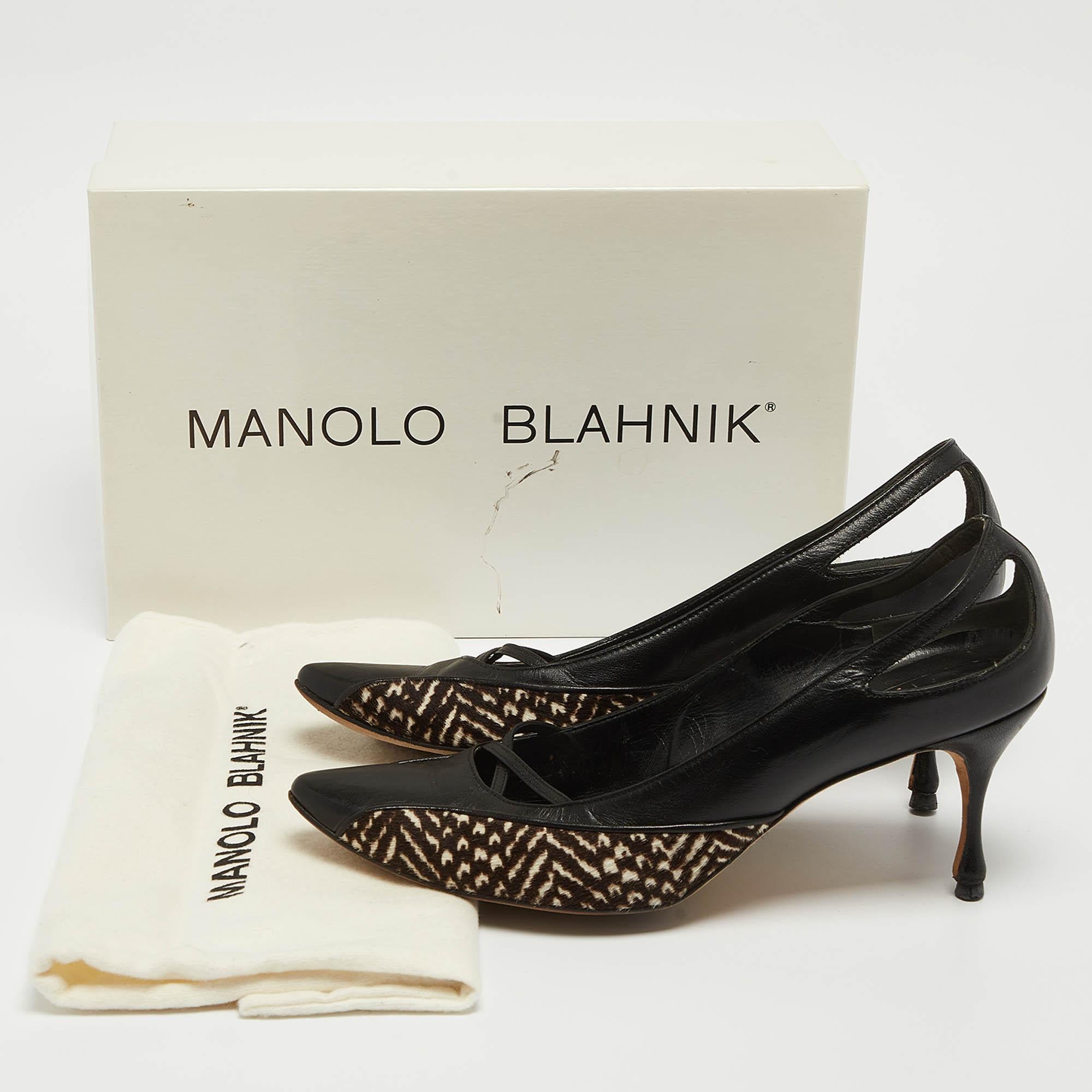 Manolo Blahnik Black/Brown Leather and Calf Hair Almond Toe Pumps Size 37 For Sale 5