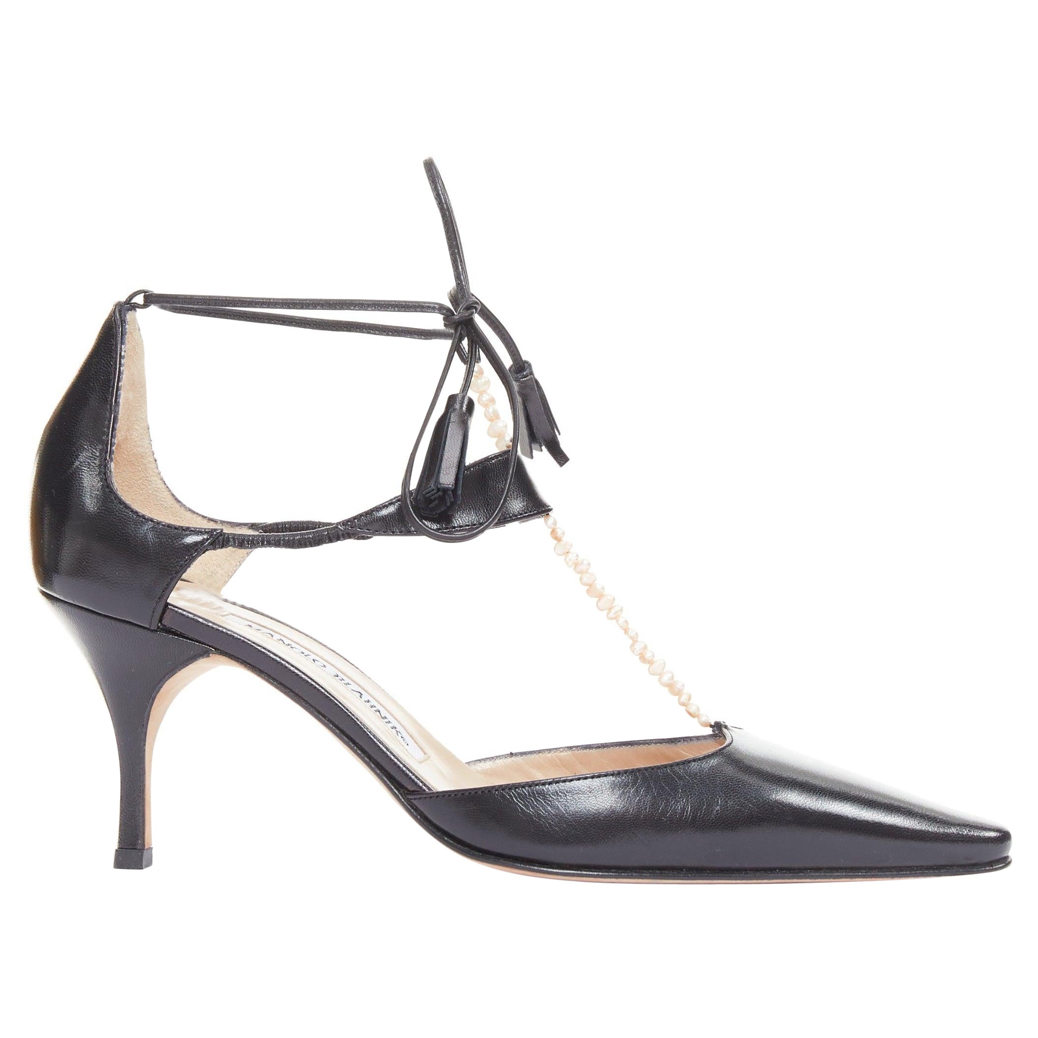Manolo Blahnik cuir de veau noir nude perles embellies tstrap talons EU36.5
