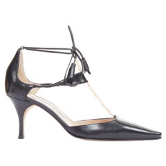 Manolo Blahnik cuir de veau noir nude perles embellies tstrap talons EU36.5