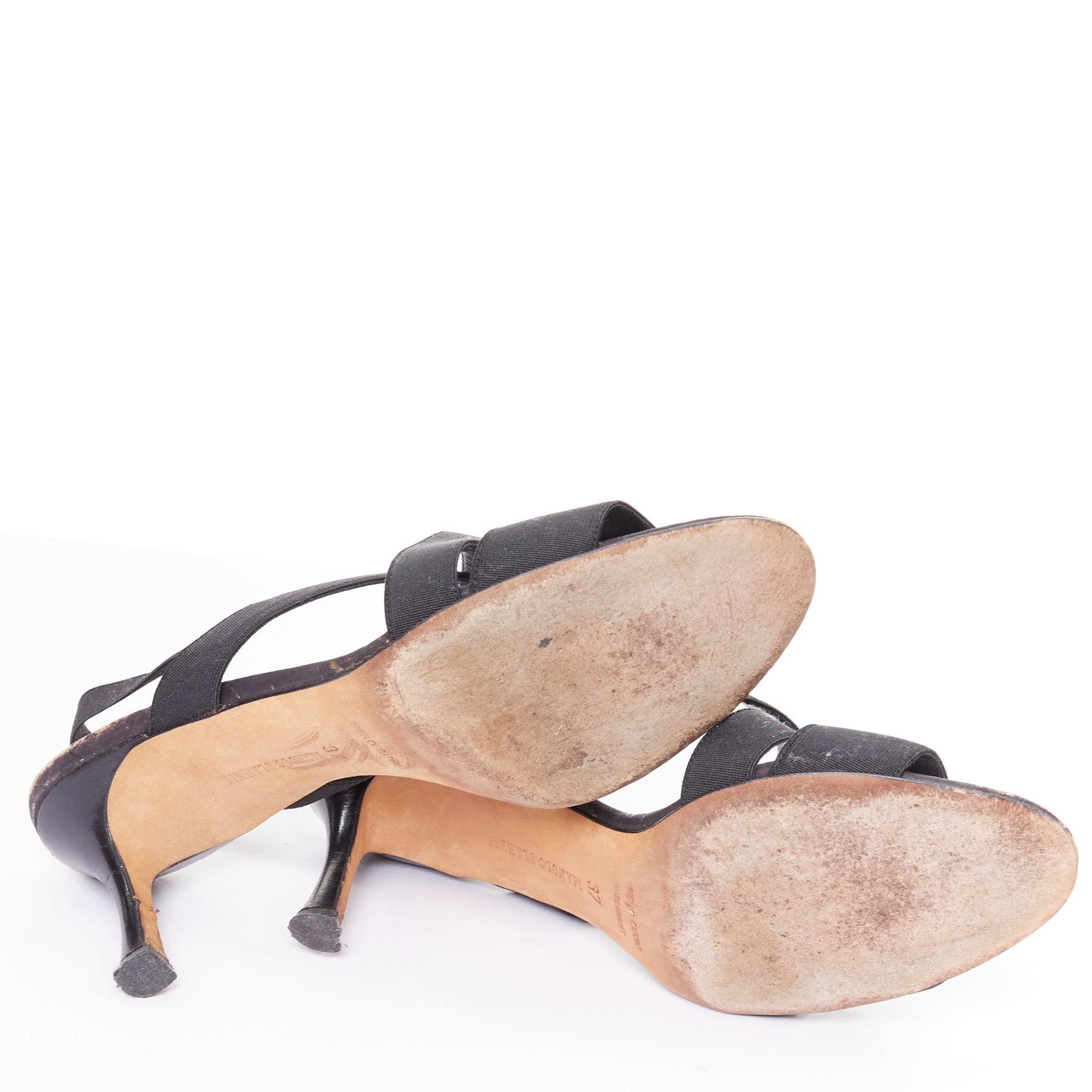 MANOLO BLAHNIK schwarzes elastisches Riemchen Korksohle Spool Mid Sandalen EU37 im Angebot 6