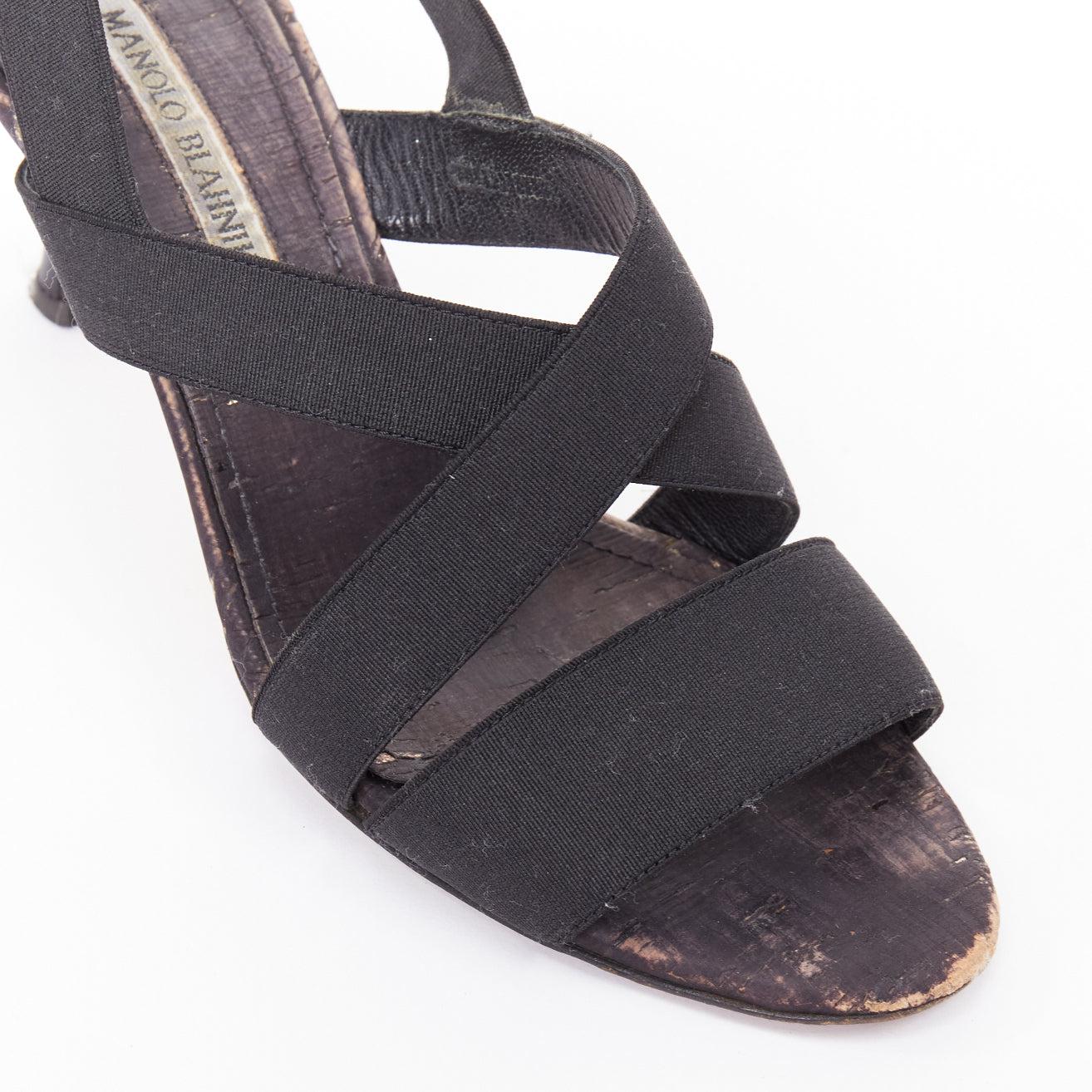 MANOLO BLAHNIK schwarzes elastisches Riemchen Korksohle Spool Mid Sandalen EU37 im Angebot 2