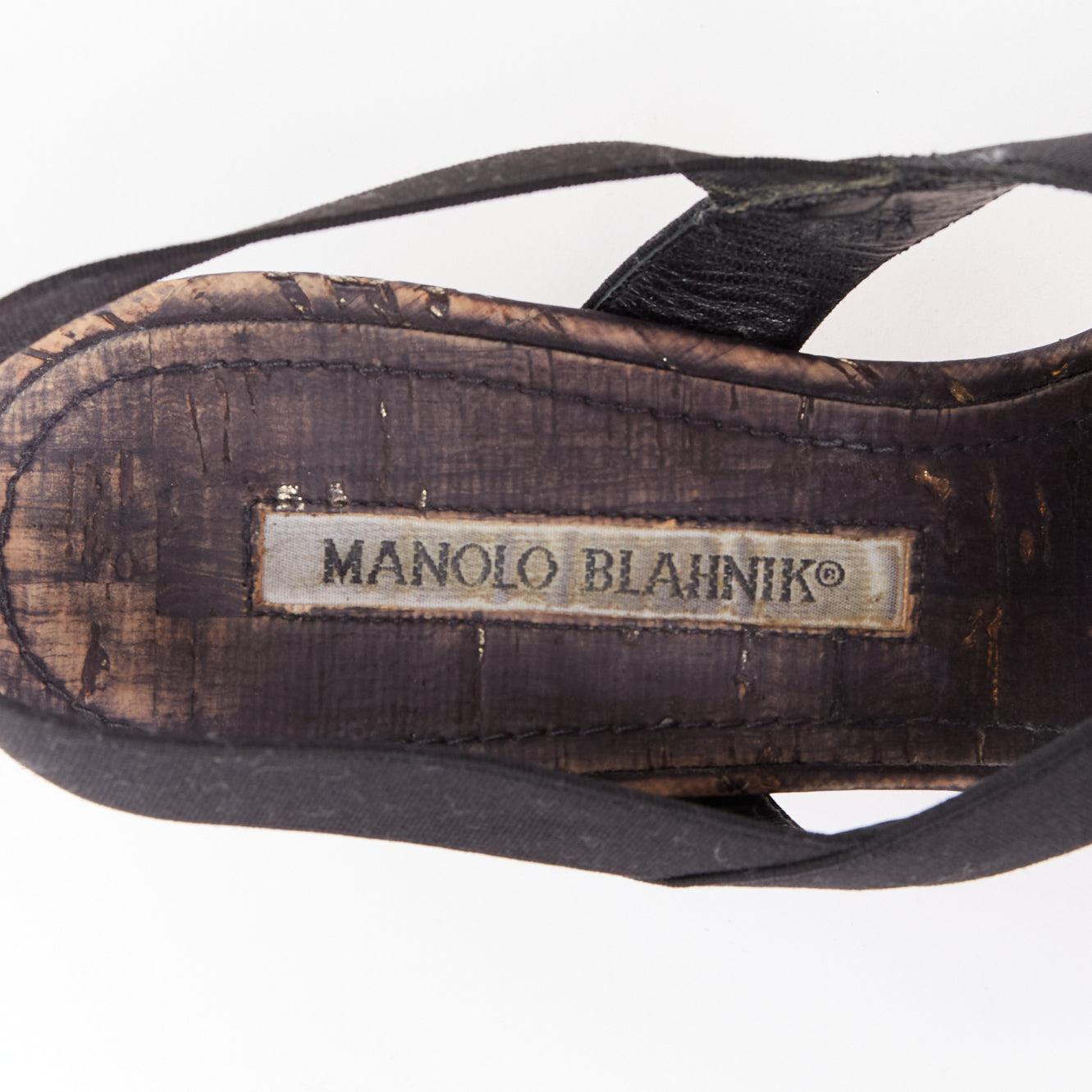 MANOLO BLAHNIK schwarzes elastisches Riemchen Korksohle Spool Mid Sandalen EU37 im Angebot 4