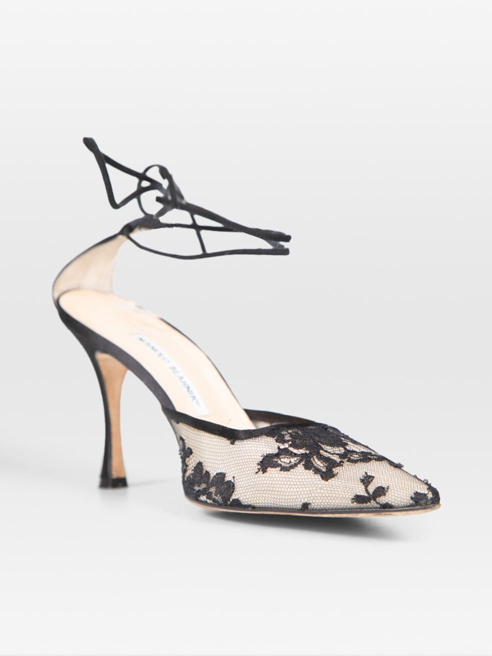 CONDITION is Very good. Minimal wear to heels is evident. Minimal wear to the lace detailing on both shoes where some loose threads can be seen on this used Manolo Blahnik designer resale item Comes with original dust bag.
 
 
 
 Details
 
 
 Black
