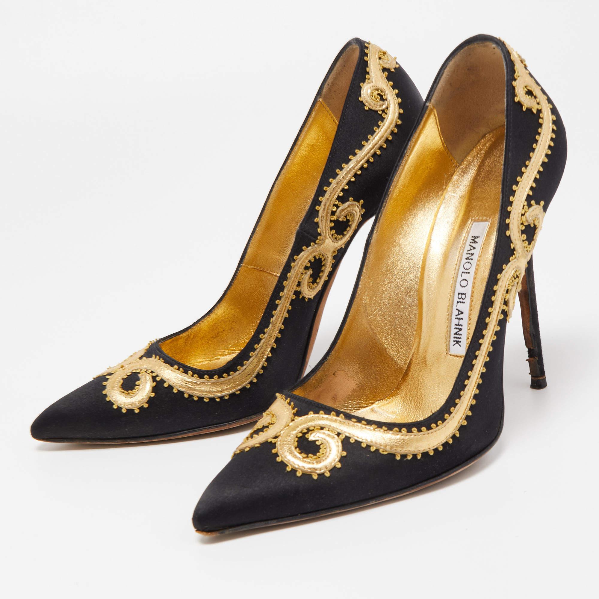 Women's Manolo Blahnik Black/Gold Satin and Leather Embroidered Pumps Size 37