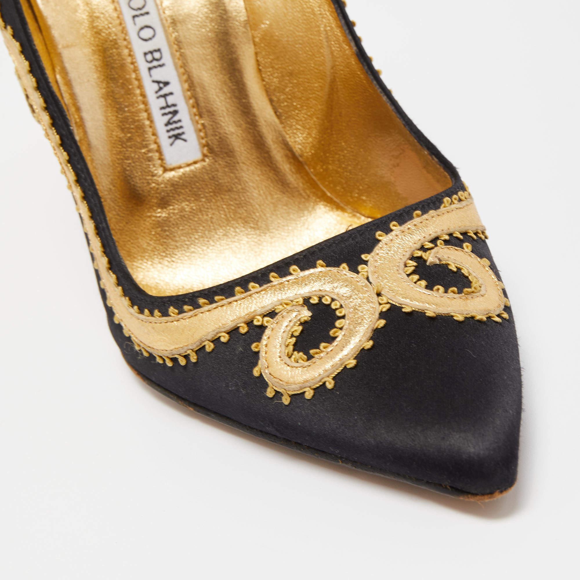 Manolo Blahnik Black/Gold Satin and Leather Embroidered Pumps Size 37 2