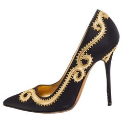 Manolo Blahnik Black/Gold Satin and Leather Embroidered Pumps Size 37