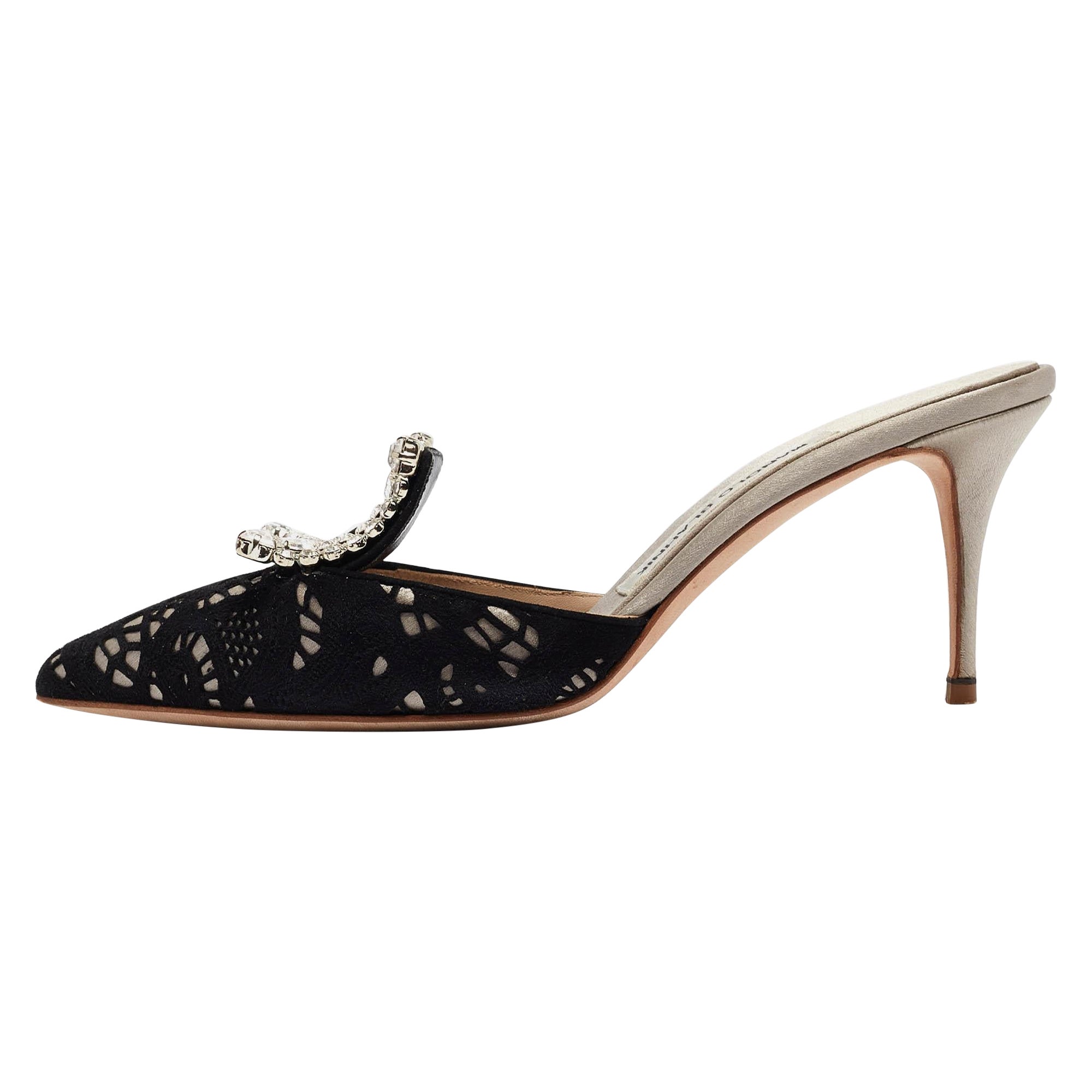 Manolo Blahnik Black/Grey Suede and Satin Borli Mules Size 36.5