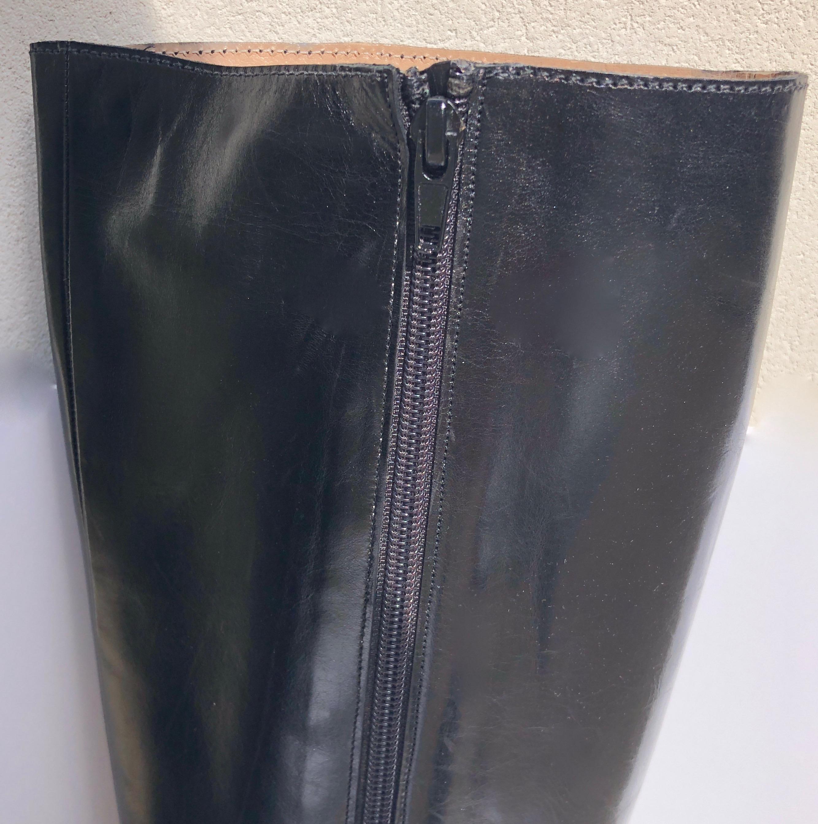 Manolo Blahnik Black Knee Boots w/ Silver Metal Ankle Harness & Interior Zippers For Sale 4