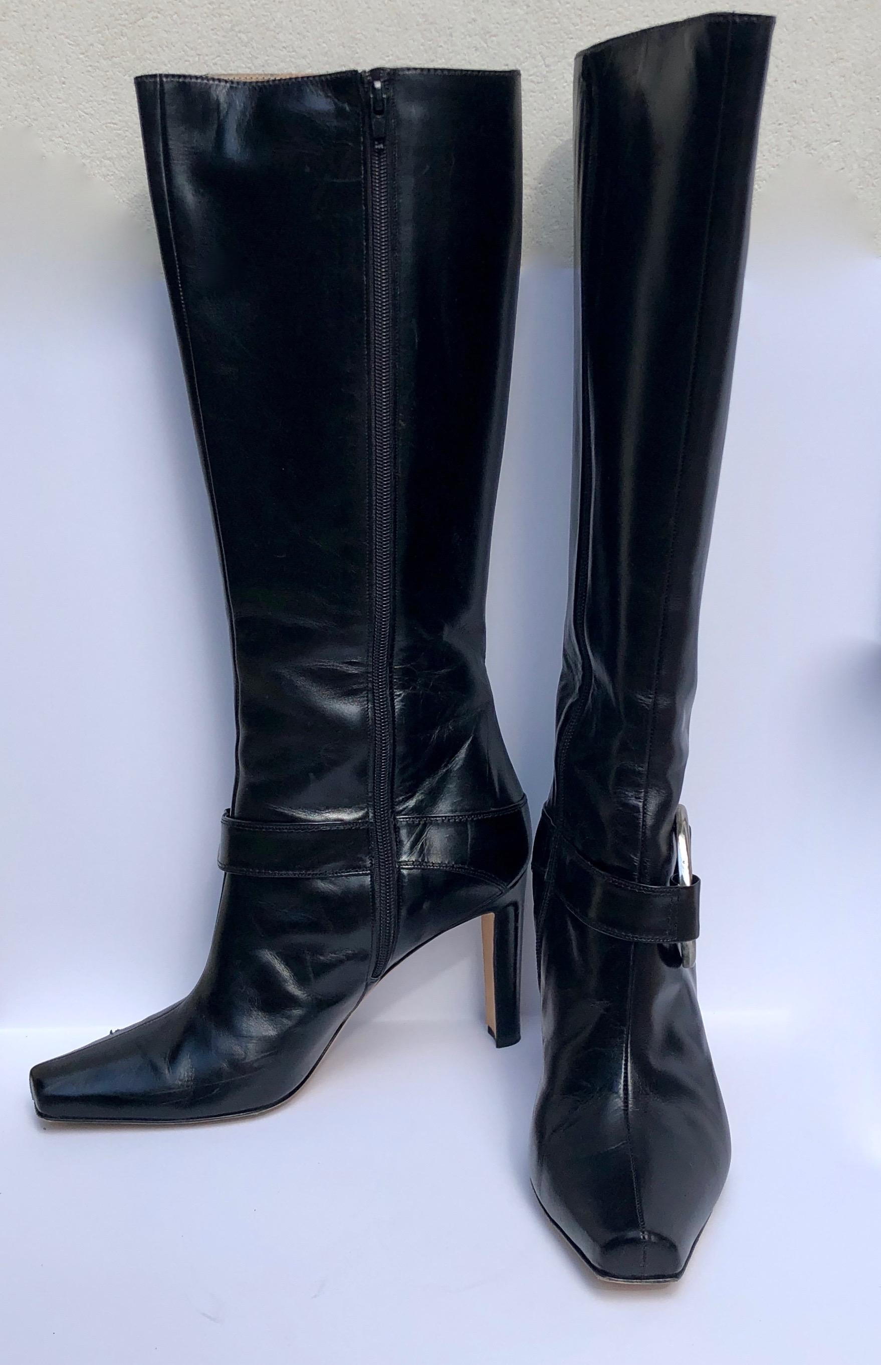 Women's or Men's Manolo Blahnik Black Knee Boots w/ Silver Metal Ankle Harness & Interior Zippers For Sale