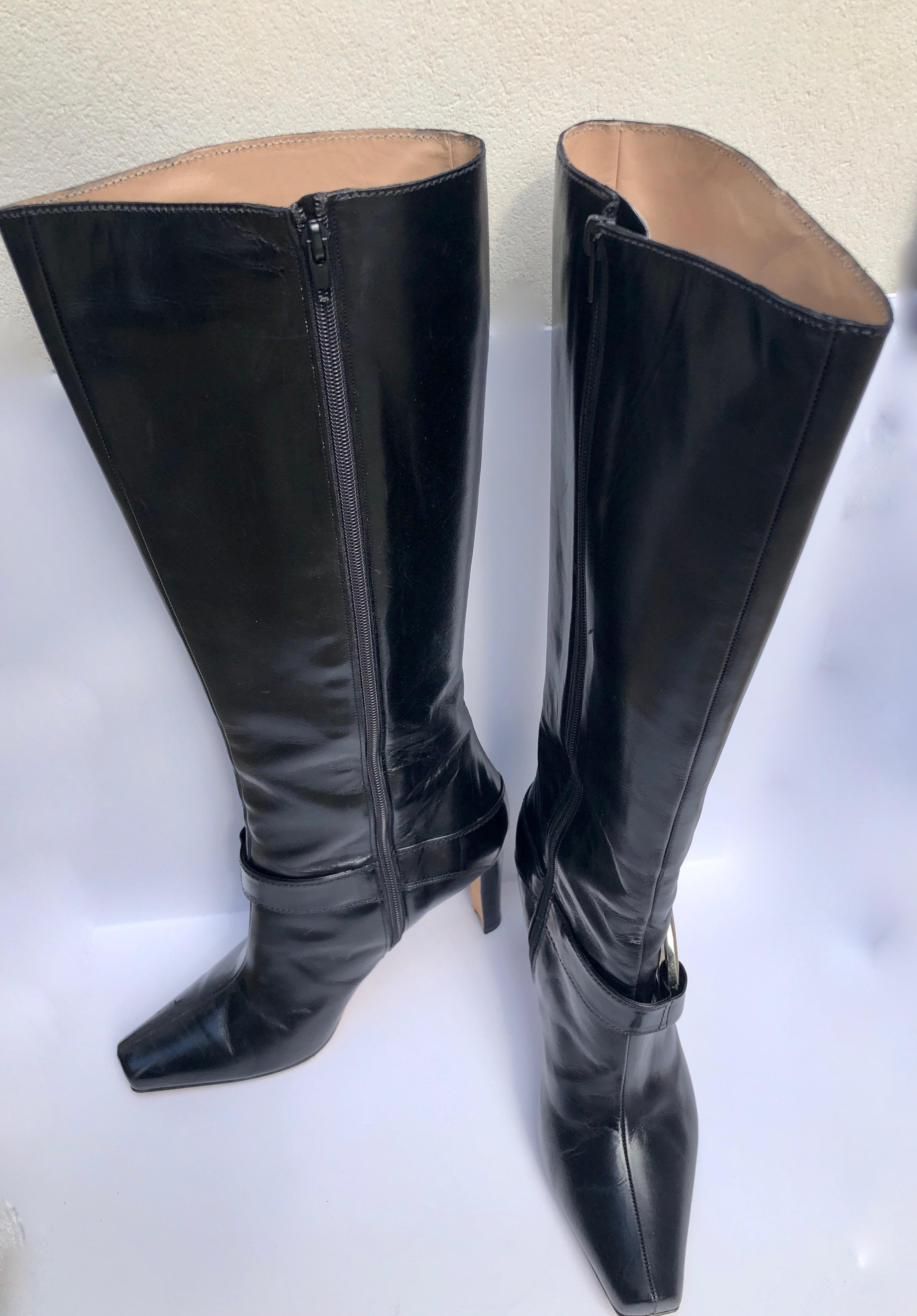 Manolo Blahnik Black Knee Boots w/ Silver Metal Ankle Harness & Interior Zippers For Sale 1