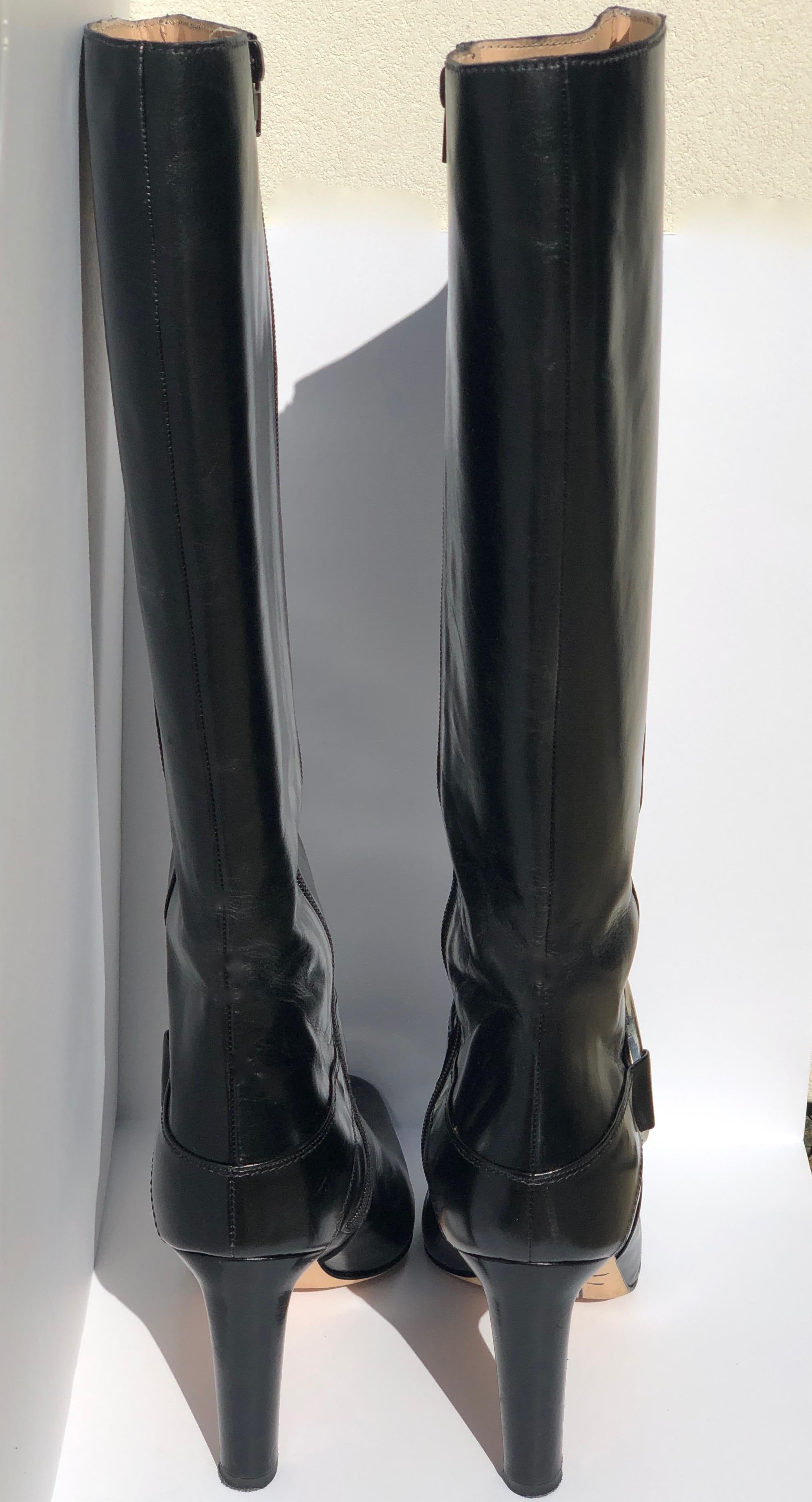 Manolo Blahnik Black Knee Boots w/ Silver Metal Ankle Harness & Interior Zippers For Sale 2