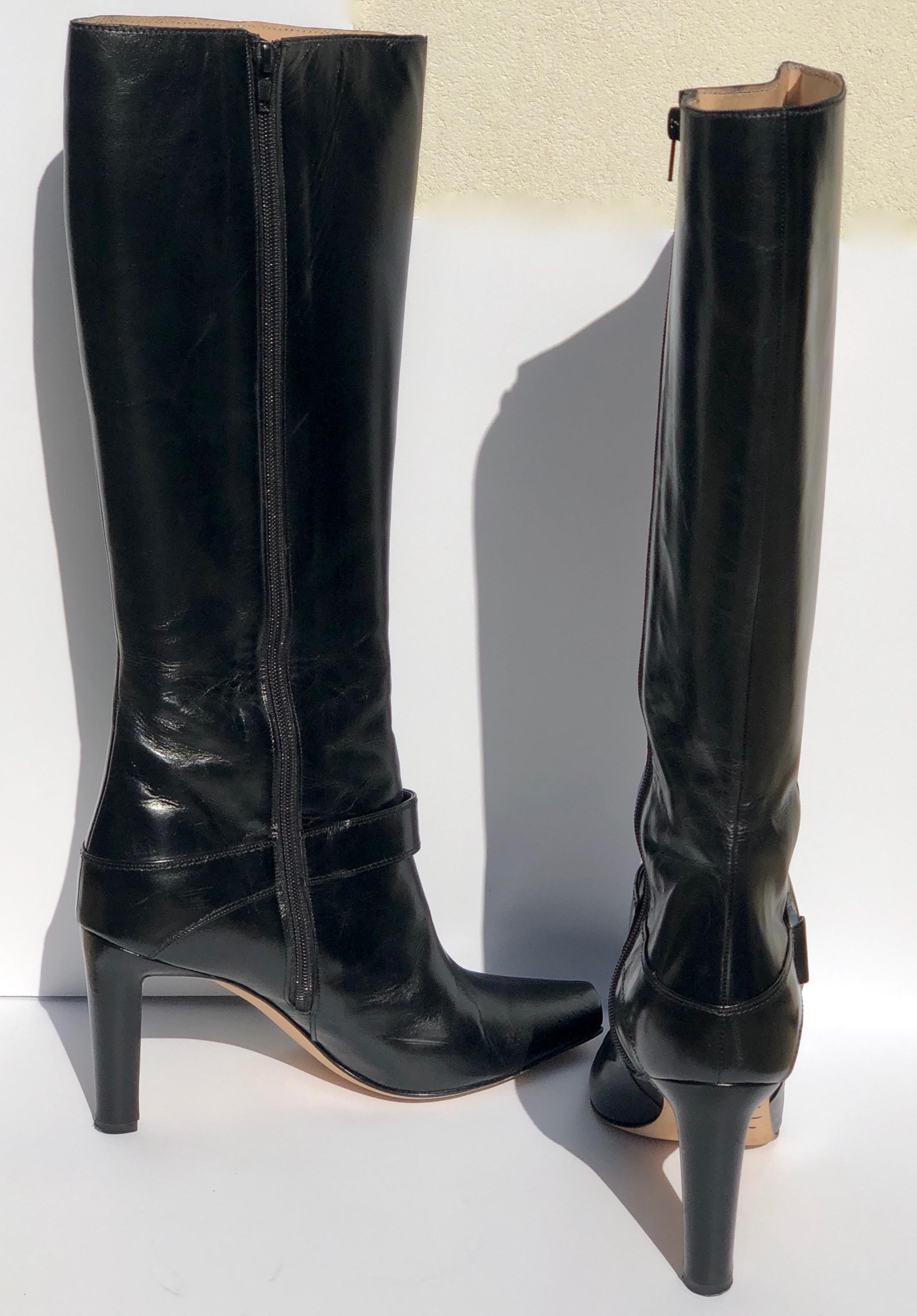 Manolo Blahnik Black Knee Boots w/ Silver Metal Ankle Harness & Interior Zippers For Sale 3