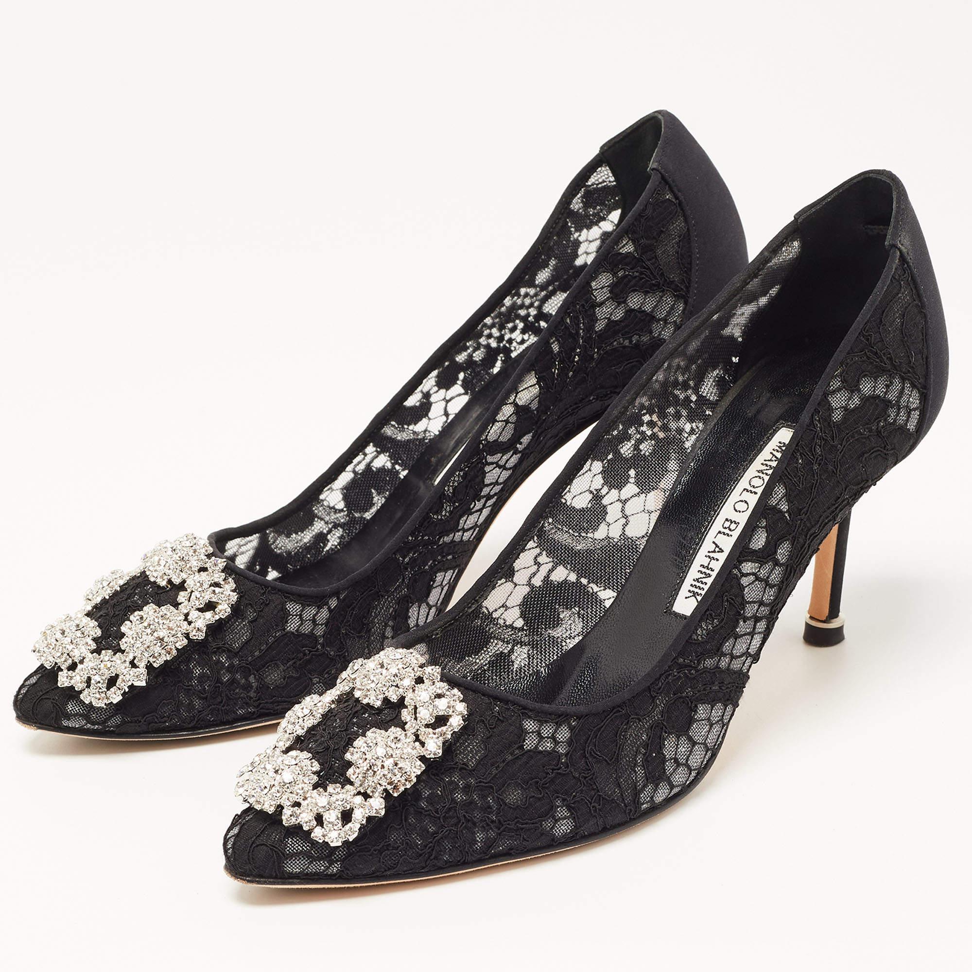 The 7cm heels of this pair of Manolo Blahnik pumps will reflect grace and luxury in every step. Made from lace, it is made striking with a crystal-embellished buckle detailing on the toes and exhibits branded insoles.

Includes: Original Dustbag,