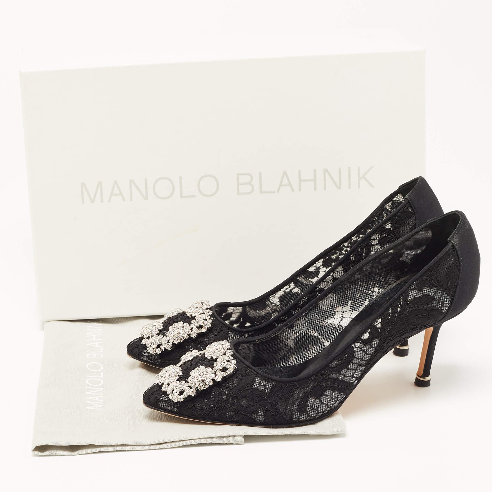 Manolo Blahnik Black Lace and Canvas Hangisi Pumps Size 36.5 5