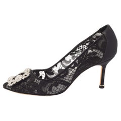 Manolo Blahnik Black Lace and Canvas Hangisi Pumps Size 36.5