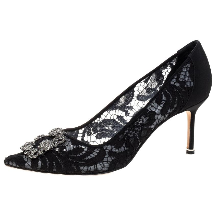 Manolo Blahnik Black Lace And Fabric Hangisi Crystal Embellished Pumps Size 42
