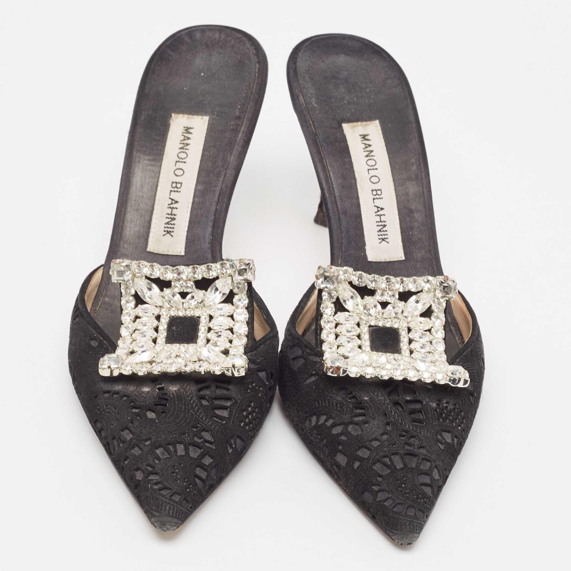Manolo Blahnik Black Lace and Mesh Crystal Borli Mules Size 38 In Fair Condition In Dubai, Al Qouz 2