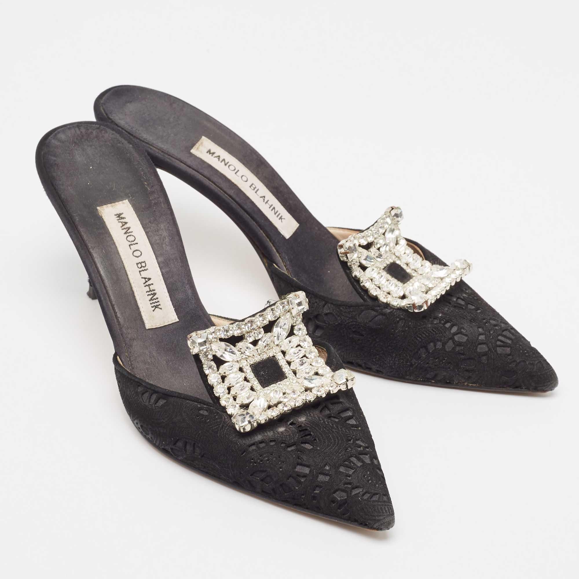 Women's Manolo Blahnik Black Lace and Mesh Crystal Borli Mules Size 38