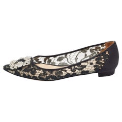 Used Manolo Blahnik Black Lace and Satin Hangisi Ballet Flats Size 39