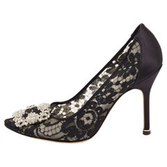 Manolo Blahnik Black Lace and Satin Hangisi Pumps Size 36