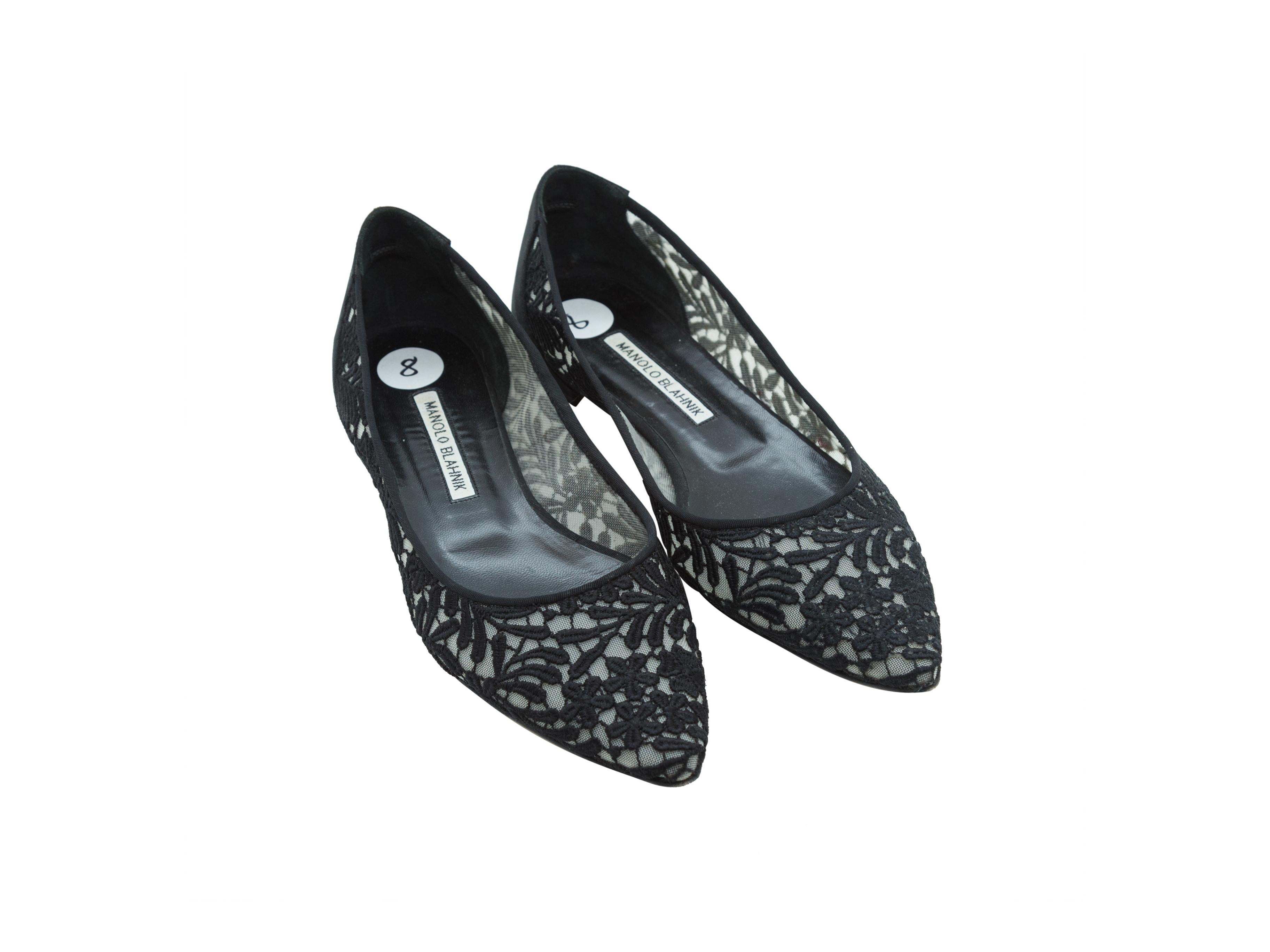 Product details: Black lace pointed-toe flats by Manolo Blahnik. Tonal stitching throughout. Covered heels. Designer size 38. 0.6