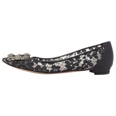 Manolo Blahnik Black Lace Hangisi Ballet Flats Size 37.5